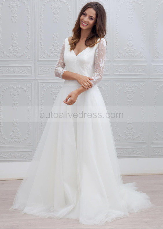 Ivory Lace Tulle Keyhole Back Chic Wedding Dress